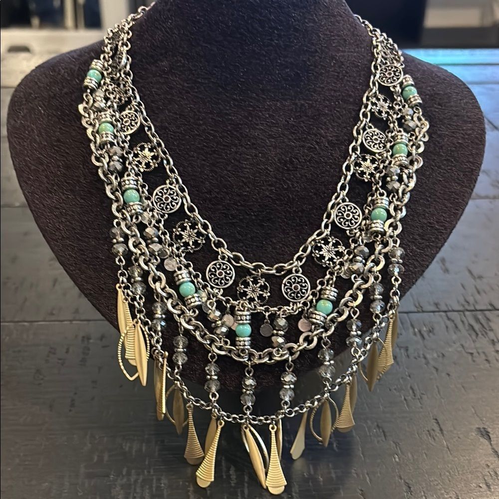 Express Chain Beaded Collar Multi Tone Silver Gold Layered Necklace Dangle